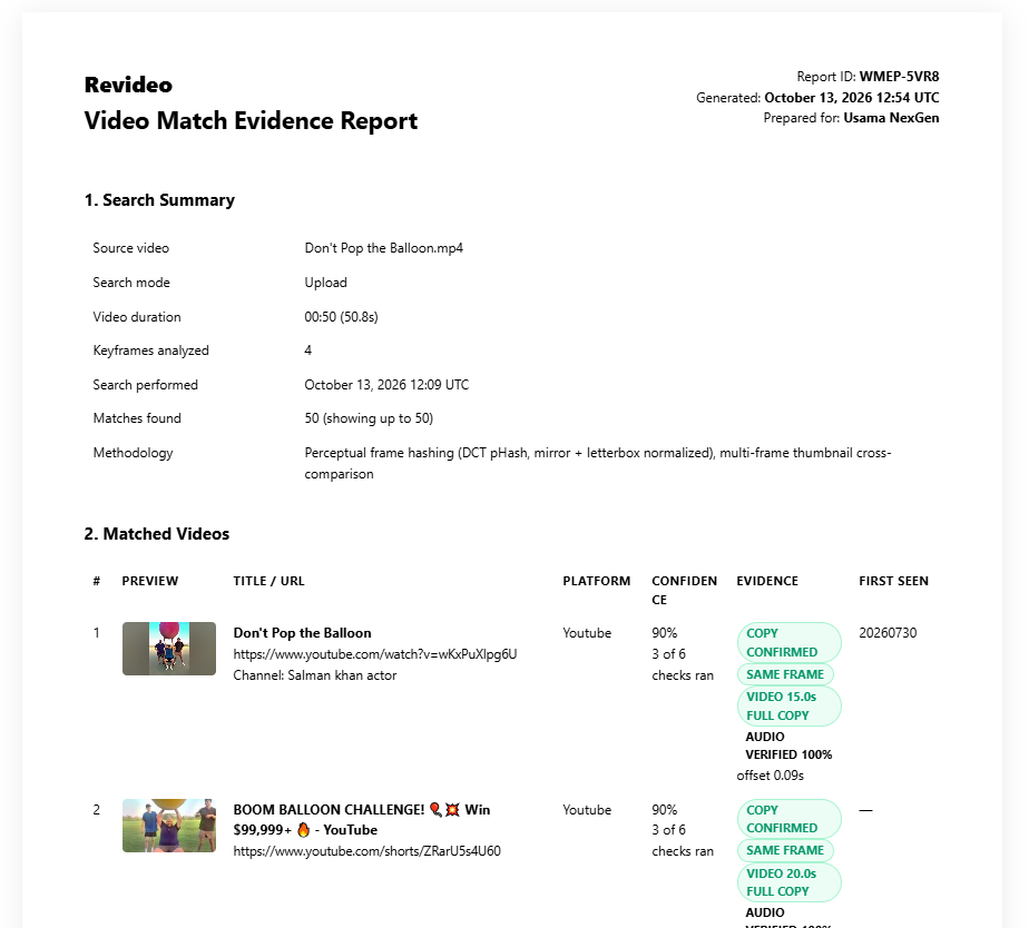 Revideo Video Match Evidence Report with search summary and a table of matched videos and sources