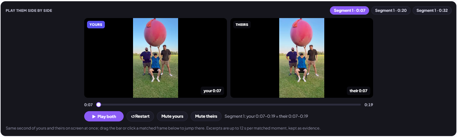 Revideo comparison view: your video and the matching video playing side by side at the same timestamp