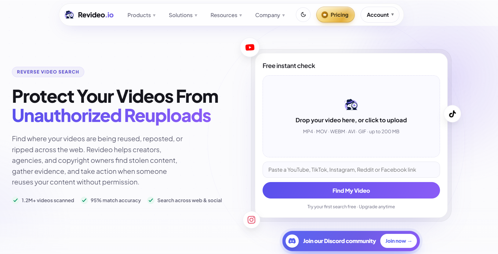 Revideo homepage upload box with drop zone, link field and Find My Video button