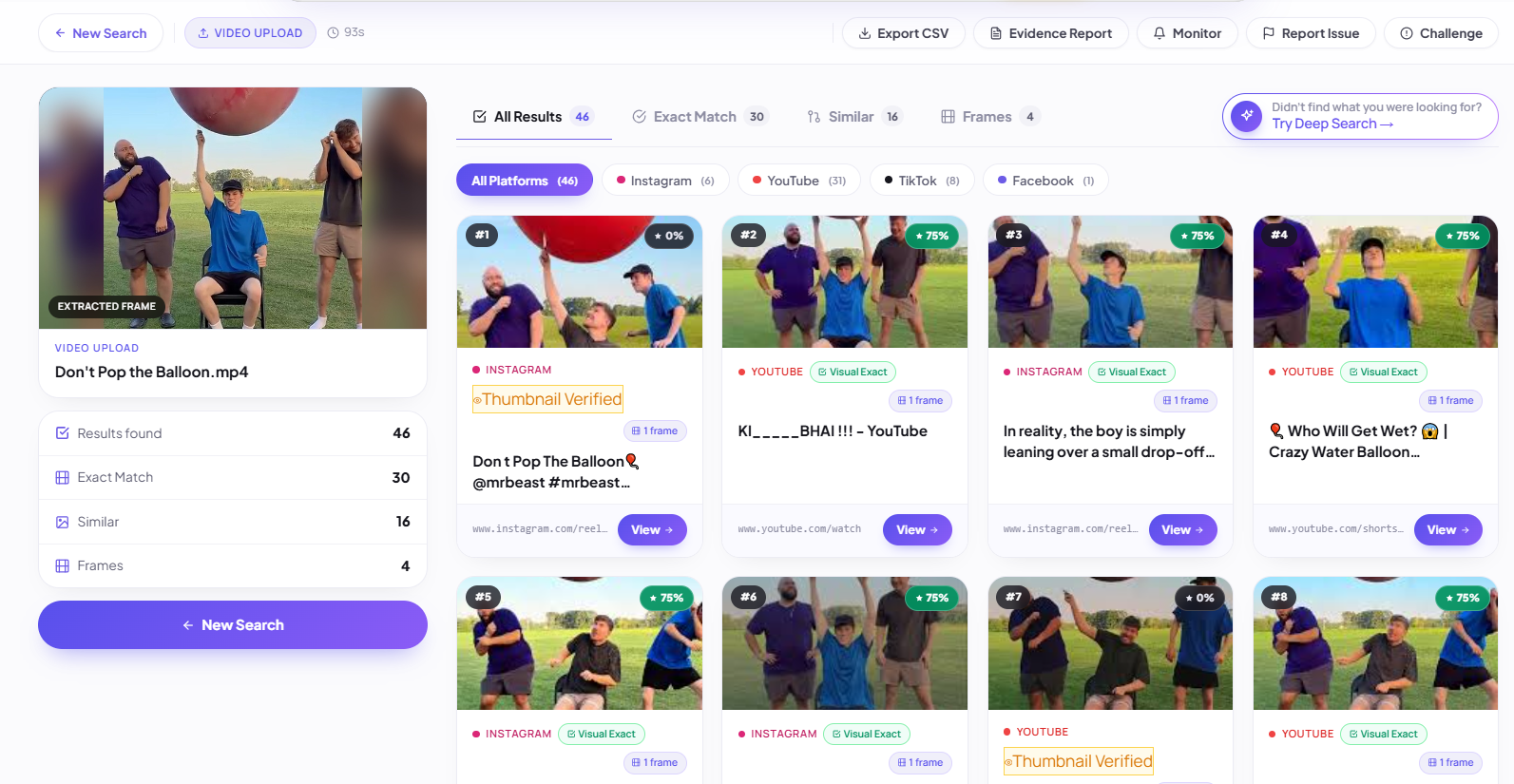 Basic search results page showing matches as cards across Instagram, YouTube, TikTok and Facebook