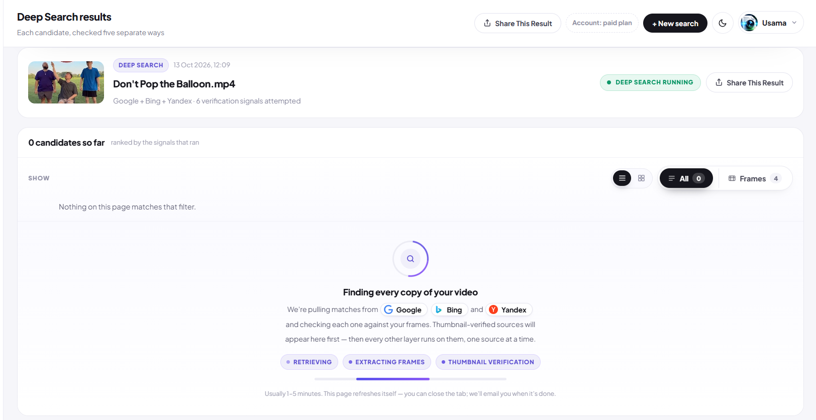 Deep search results page while running, showing retrieval and verification stages