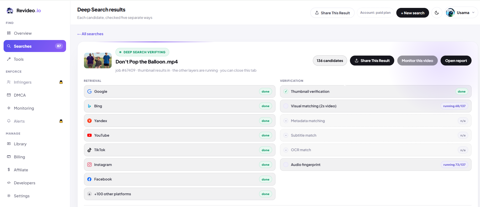 Deep search dashboard showing retrieval sources and six verification layers with progress