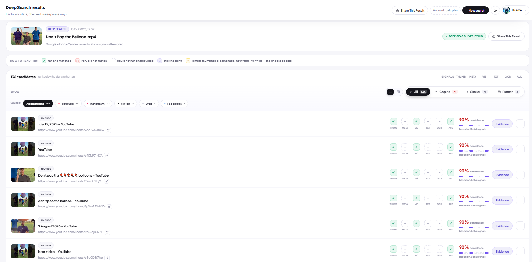 Deep search results list with candidates, signal checks and confidence scores