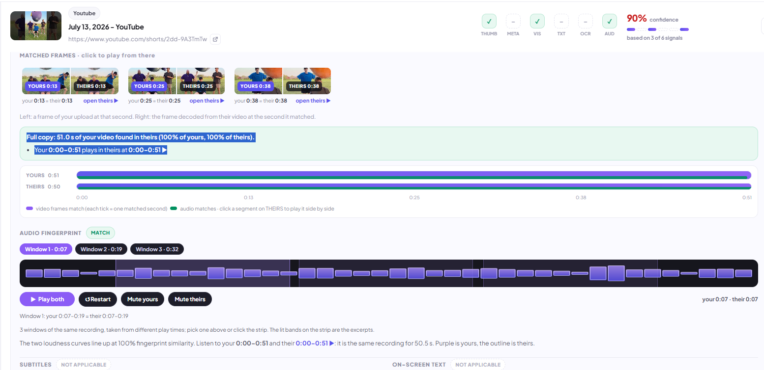 Evidence view with match timeline and audio fingerprint