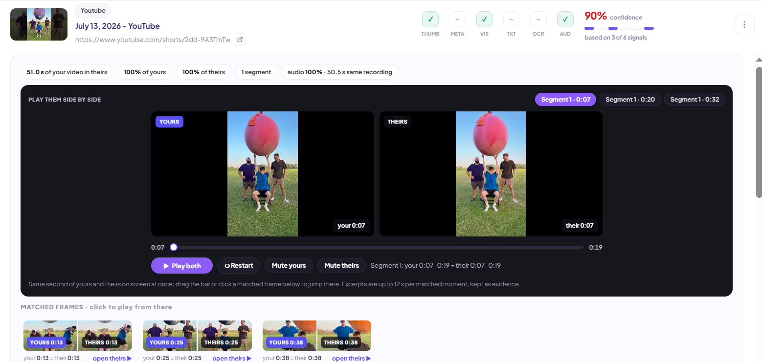 Evidence view playing both videos side by side with matched frames
