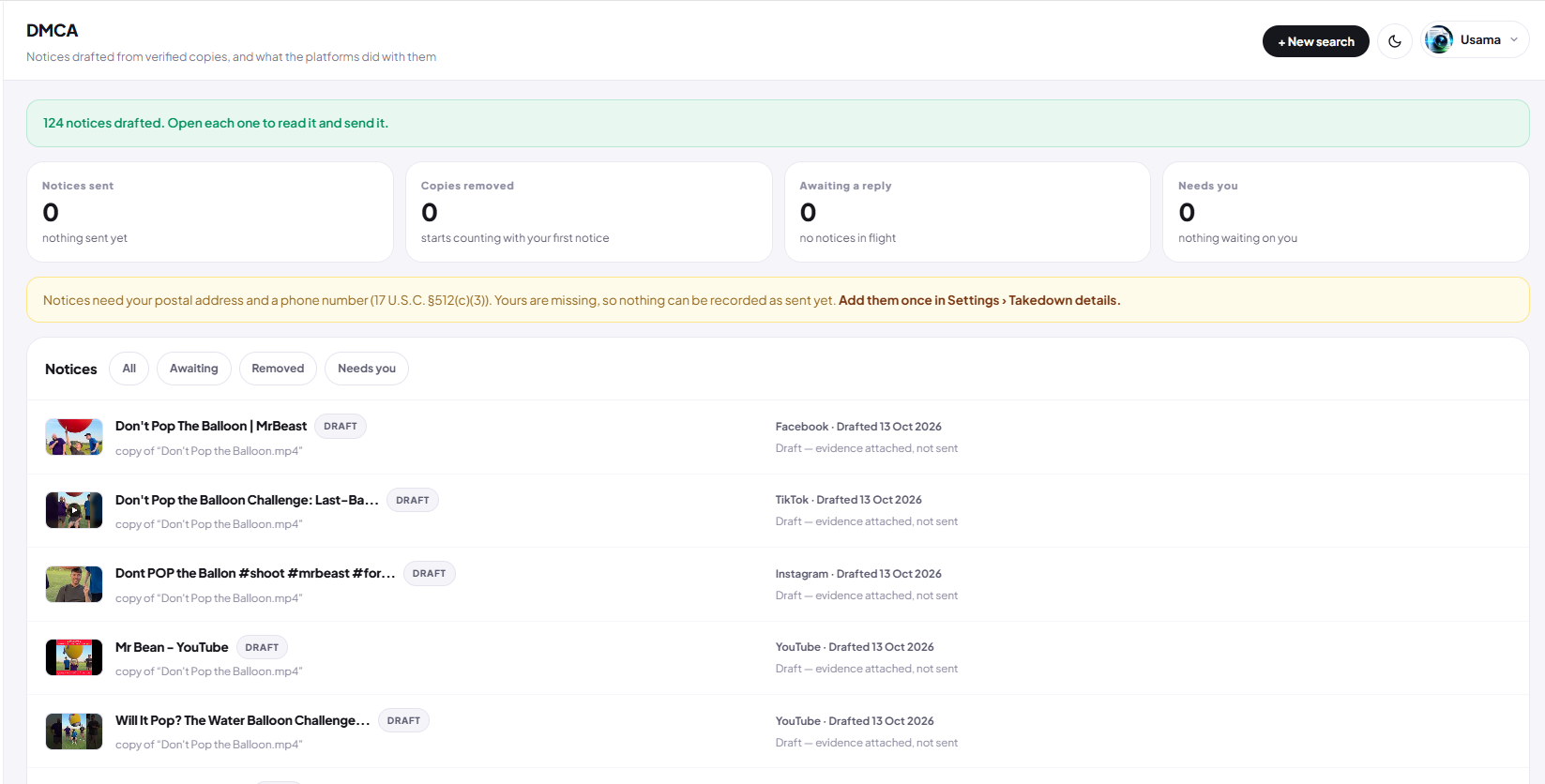 DMCA dashboard with drafted notices and status counters