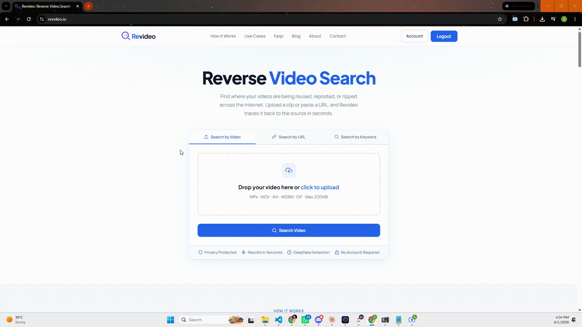 Revideo search result example showing original source, reposts, and deepfake score